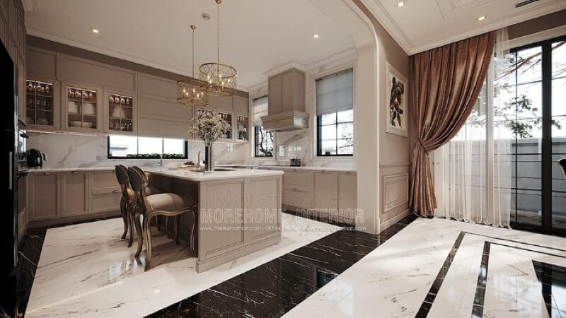 Mẫu tủ đảo bếp gỗ tự nhiên gam màu nâu nhạt kết hợp cùng đá ốp lát tạo nên vẻ đẹp nhẹ nhàng, thanh lịch nhưng không kém phần sang trọng tại biệt thự cao cấp Hải Phòng. Tủ bếp màu trắng và màu nâu đẹp