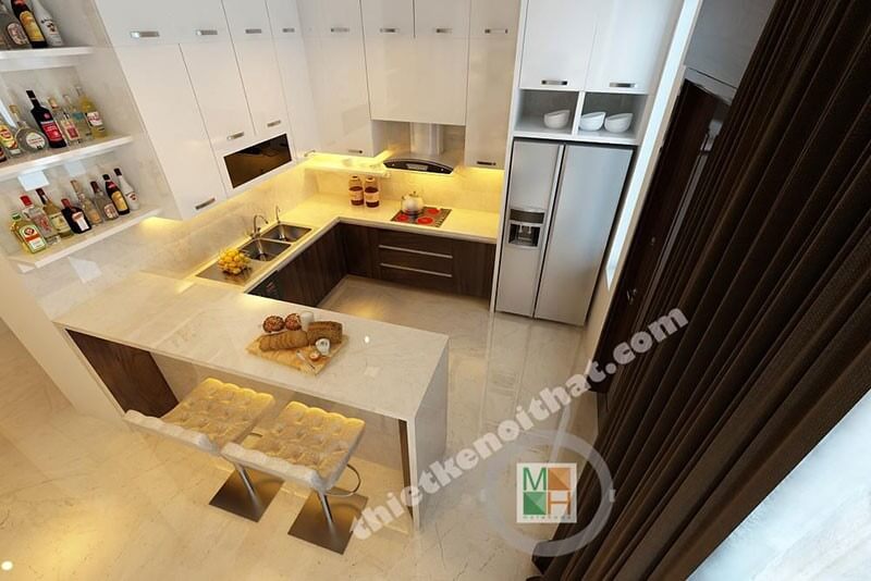 Mẫu tủ bếp chữ L gỗ công nghiệp hiện đại, bề mặt ốp đá cao cấp mang đến không gian sạch sẽ cho người nội trợ. Tủ bếp màu trắng và màu nâu đẹp