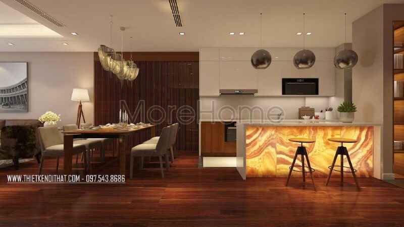 Mẫu tủ bếp chung cư đơn giản kết hợp sư dụng tone màu trắng ấn tượng mang đến cảm giác sạch sẽ, tinh tế nhẹ nhàng, tạo cảm giác cơi nới cho không gian. Tủ bếp chữ i