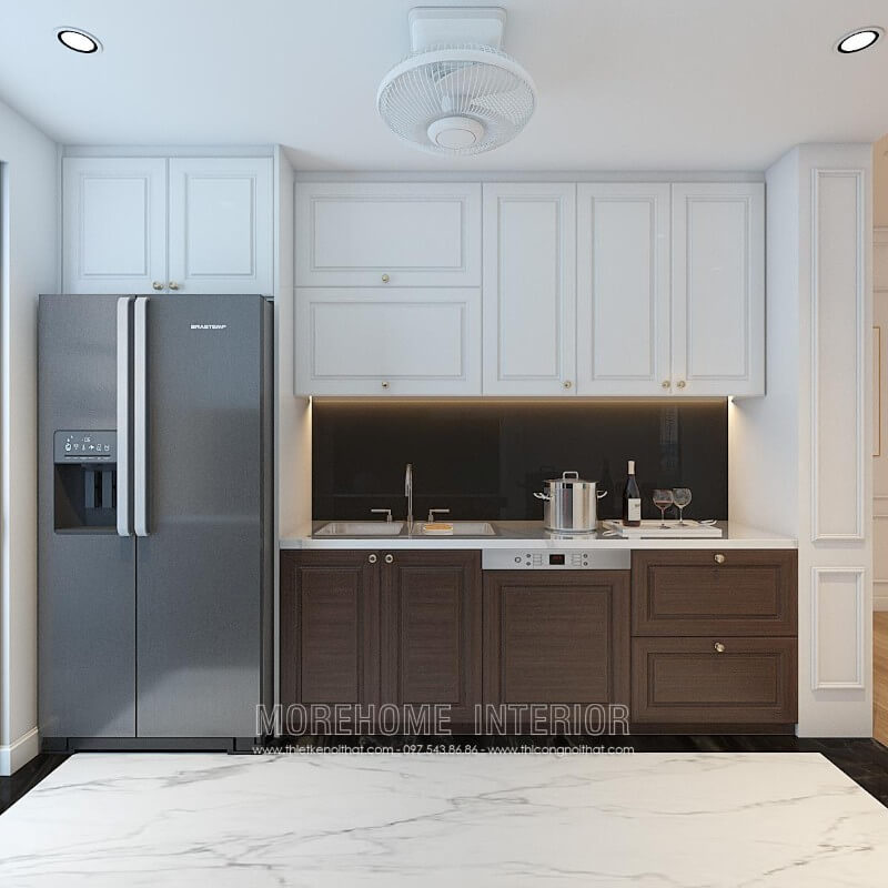Mẫu tủ bếp đẹp được thiết kế cho nhà chung cư nhỏ với kiểu dáng chữ I nhỏ gọn, tinh tế, hiện đại Tủ bếp chữ i