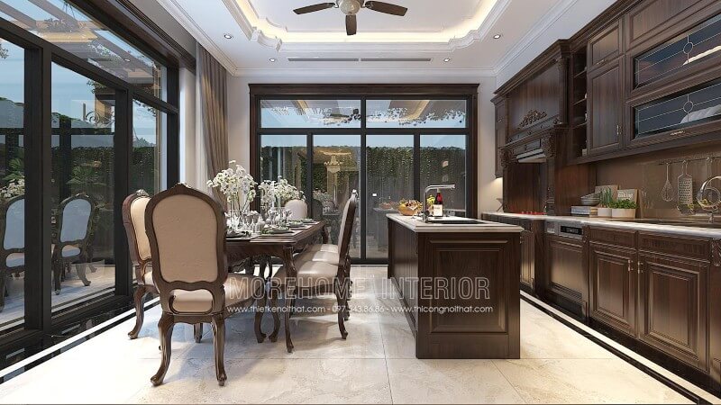 Tủ bếp đẹp theo kiểu dáng tân cổ điển luôn mang trong nó một vẻ đẹp nghệ thuật, vừa sang trọng quý phái vừa mềm mại trẻ trung Tủ bếp chữ i
