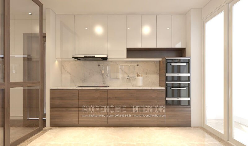Thiết kế tủ bếp chữ i hiện đại được sử dụng chất liệu gỗ công nghiệp MDF lõi xanh, chịu ẩm, bề mặt cánh có sự kết hợp của Acrylic và Laminate mang lại sự sang trọng cũng như độ bền cao Tủ bếp chữ i