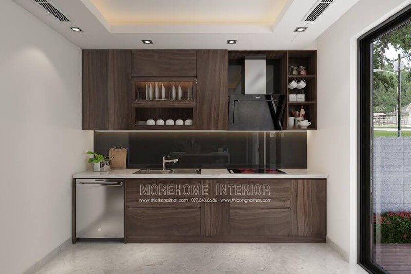 Tủ bếp laminate chữ i hiện đại đẹp với cách bố trí khoa học từ vị trí để máy rửa bát, bếp từ, bồn rửa, máy hút bụi. Tủ bếp chữ i