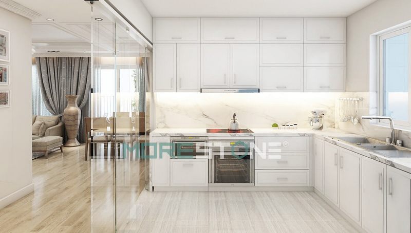 Đá ốp bếp màu trắng vân mây tạo nên vẻ đẹp mềm mại, độc đáo và không kém phần sang trọng cho nội thất phòng bếp