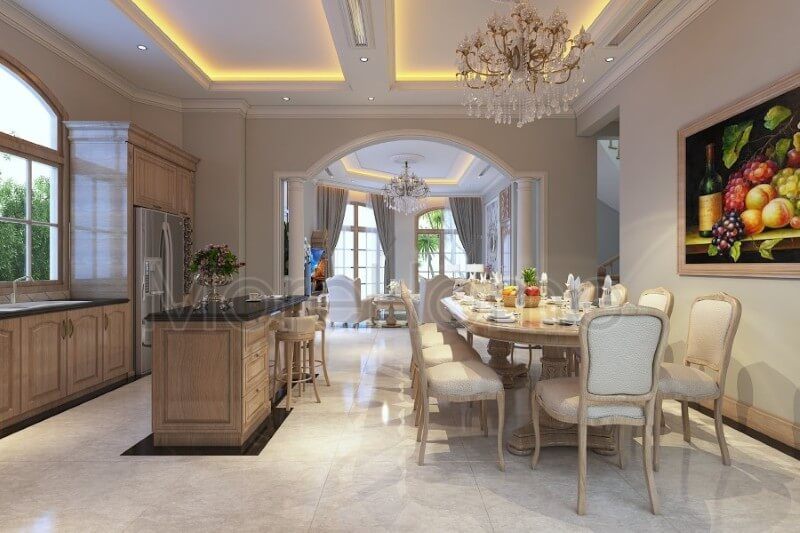 Thiết kế nội thất phòng ăn liền kề với khu vực nhà bếp giúp cho gia chủ thuận tiện nhất trong việc nấu nướng, dùng bữa nhanh chóng, ngon miệng hơn
