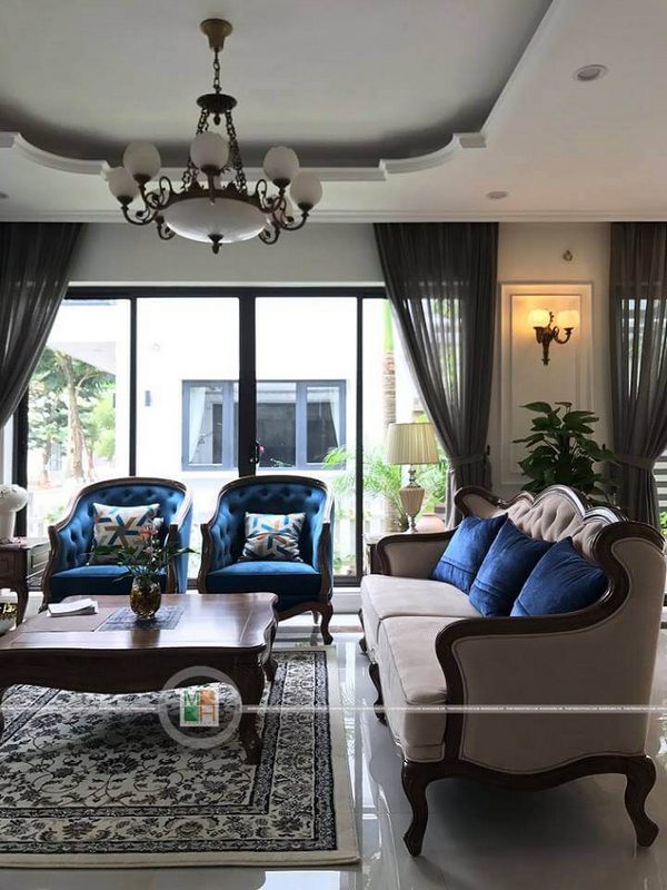 Sofa gỗ óc chó bọc nỉ sang trọng cho biệt thự ecopark Hưng Yên