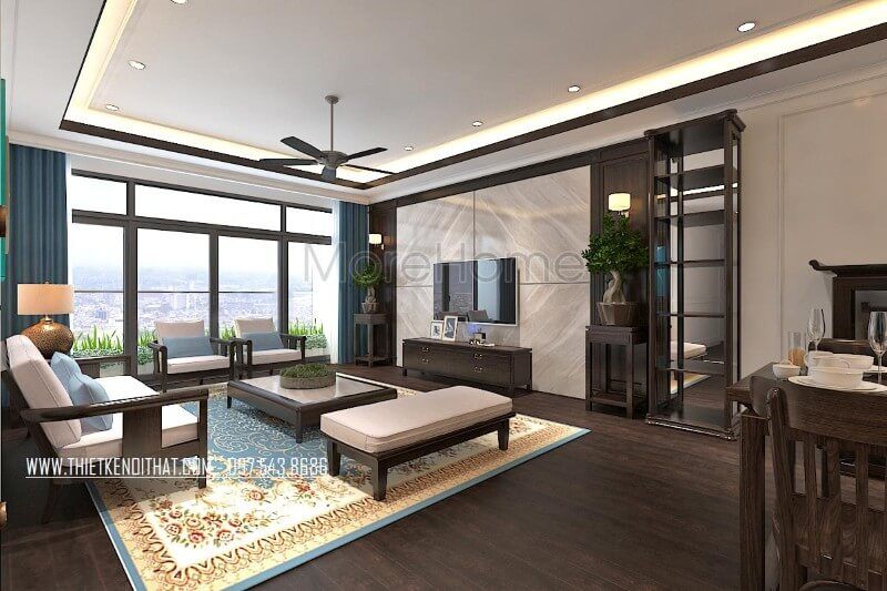 Thiết kế nội thất phòng khách với chất liệu và màu sắc độc đáo của đồ gỗ đã mang lại cho gia chủ không gian sống thật thân thiện, ấm áp và không kém phần sang trọng.