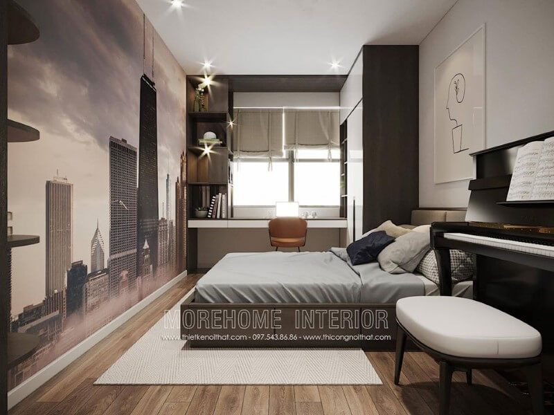 Con đã trang trí phòng ngủ trong căn hộ chung cư hiện đại của mình.