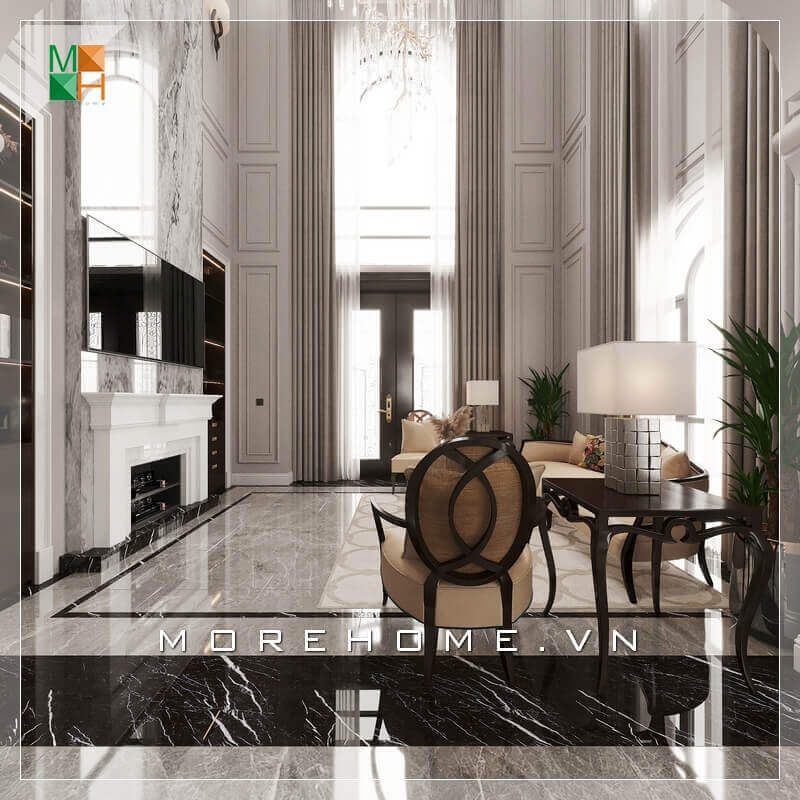 Bộ bàn và ghế sofa cao cấp, được làm từ gỗ tự nhiên và bọc da sang trọng, rất phù hợp với không gian phòng khách tân cổ điển.