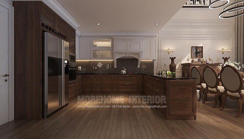 .
Những phòng bếp có không gian thoải mái, không quá chật hẹp thì tủ bếp gỗ chữ U gỗ óc chóc là lựa chọn tuyệt vời để tạo nên không gian sống đẳng cấp cho gia chủ.