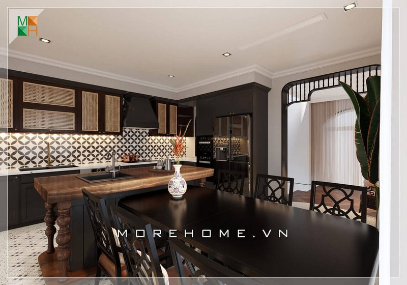 Mẫu thiết kế bàn ăn gỗ tự nhiên phun sơn đen có kiểu dáng tân cổ điển sẽ góp phần tạo nên một không gian phòng ăn có cảm giác truyền thống.
