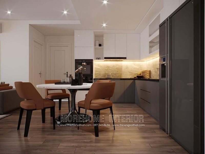 Thiết kế một phòng bếp hiện đại với sự sang trọng cho căn hộ chung cư.