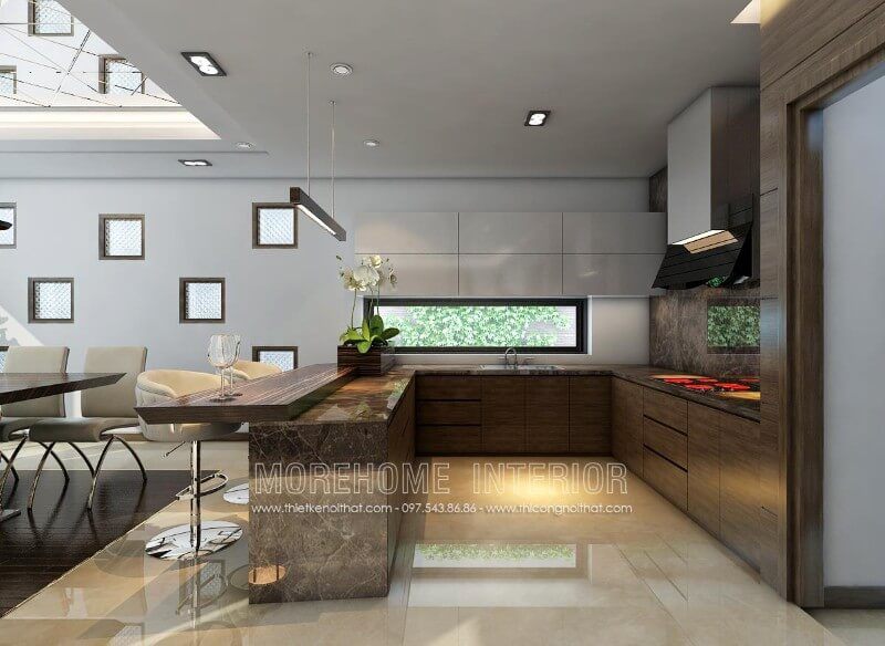 . Hải Phòng cung cấp một gam màu óc chó trầm ấn tượng kết hợp màu trắng nhẹ nhàng, mẫu tủ bếp hiện đại để tạo nên cảm giác sang trọng và tinh tế, đồng thời làm nổi bật điểm nhấn độc đáo cho ngôi nhà.
